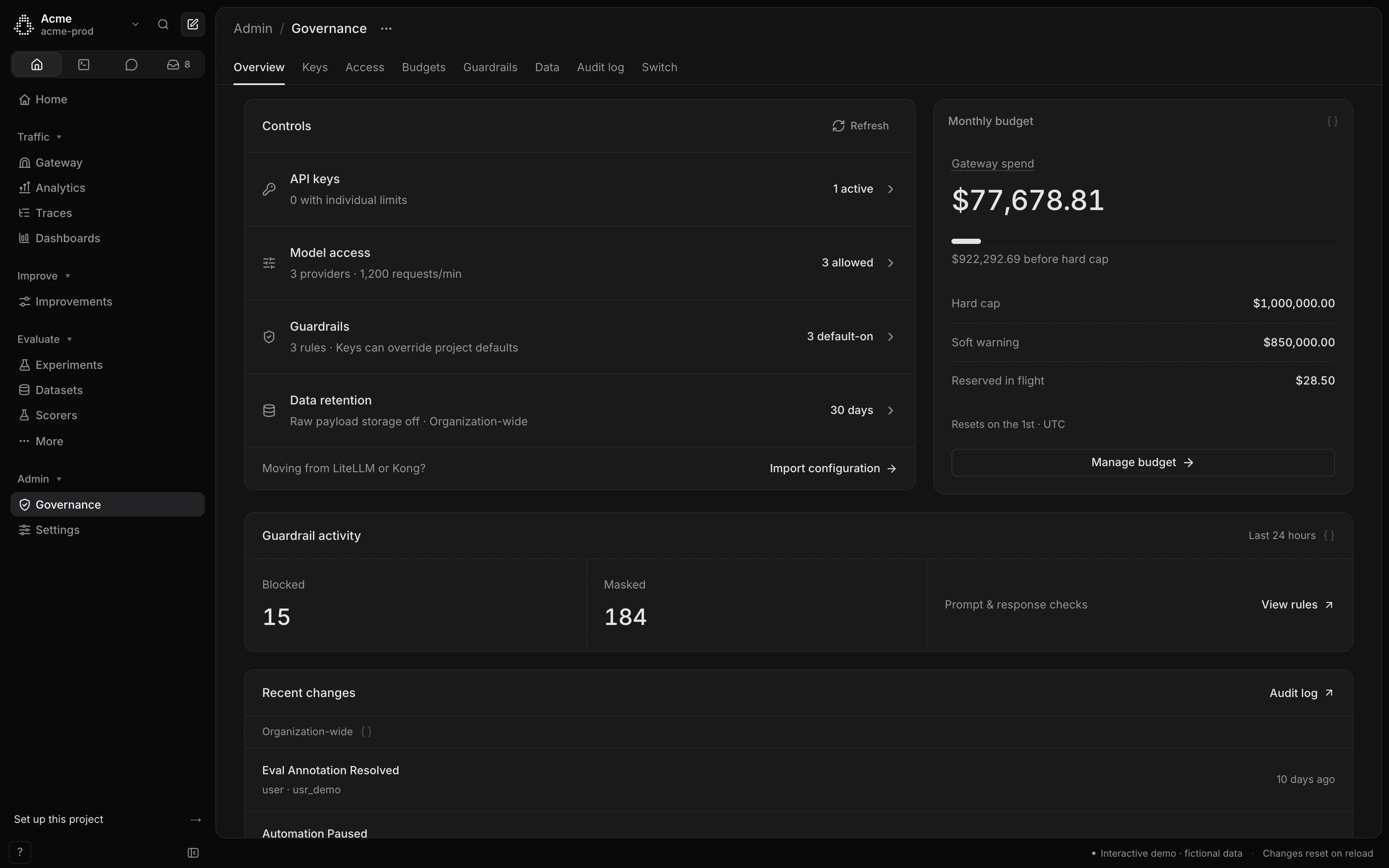 Governance overview: API keys, model access, guardrails, data retention and the monthly budget